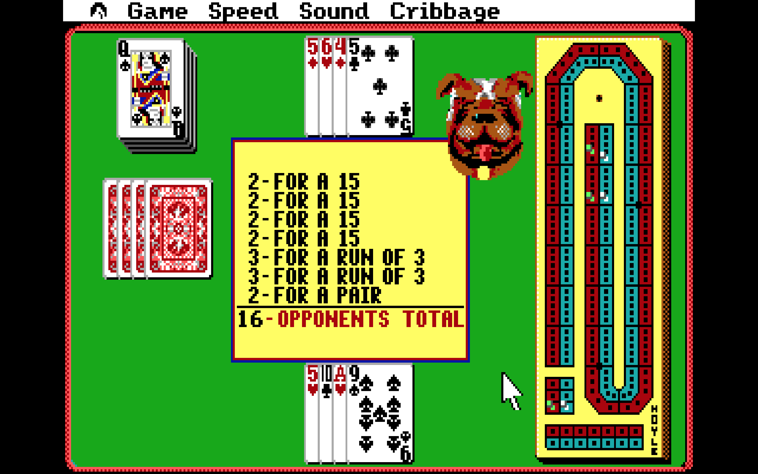 A screenshot of Hoyle's Book of Games for DOS.

A game of cribbage was just won by a bulldog, who smugly smiles, sticking its tongue out. It scored 16 points on its last hand.