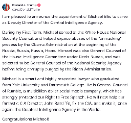 Pleased to announce the appointment of Michael Ellis to serve as Deputy Director of the Central Intelligence Agency.