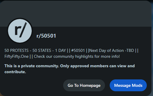 Reddit community page for r/50501, showing details about protests and access restrictions for approved members only.