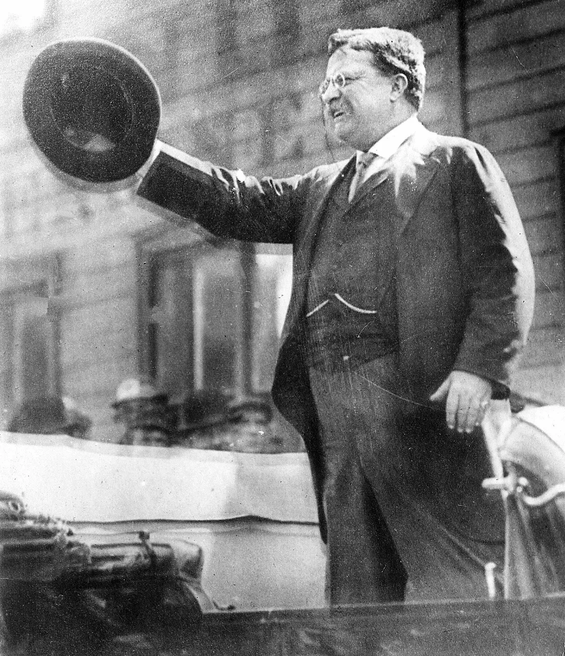A picture of Theodore Roosevelt delivering a speech. Roosevelt survived an assassination attempt on 14 Oct. 1912 while campaigning for the US presidency.