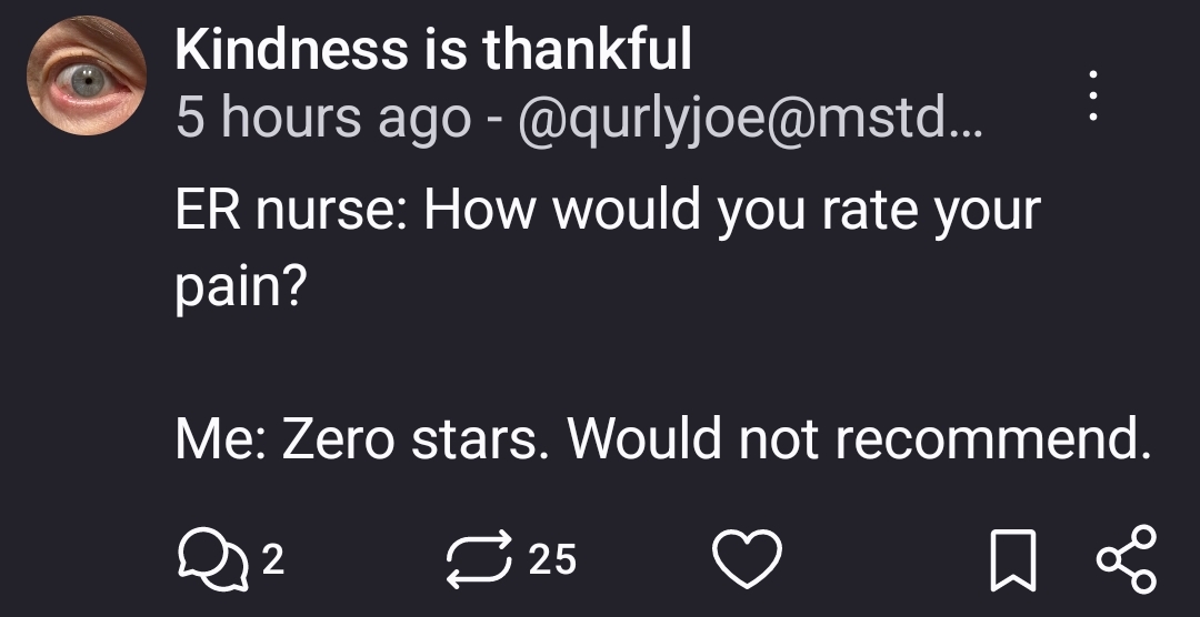 ER nurse: How would you rate your pain?

Me: Zero stars. Would not recommend.