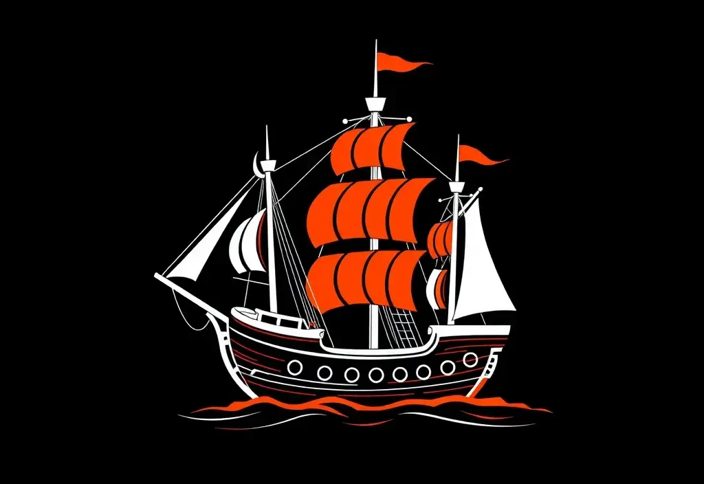 A pirate ship simple strong lines, black background with orange-red and white foreground, monochrome