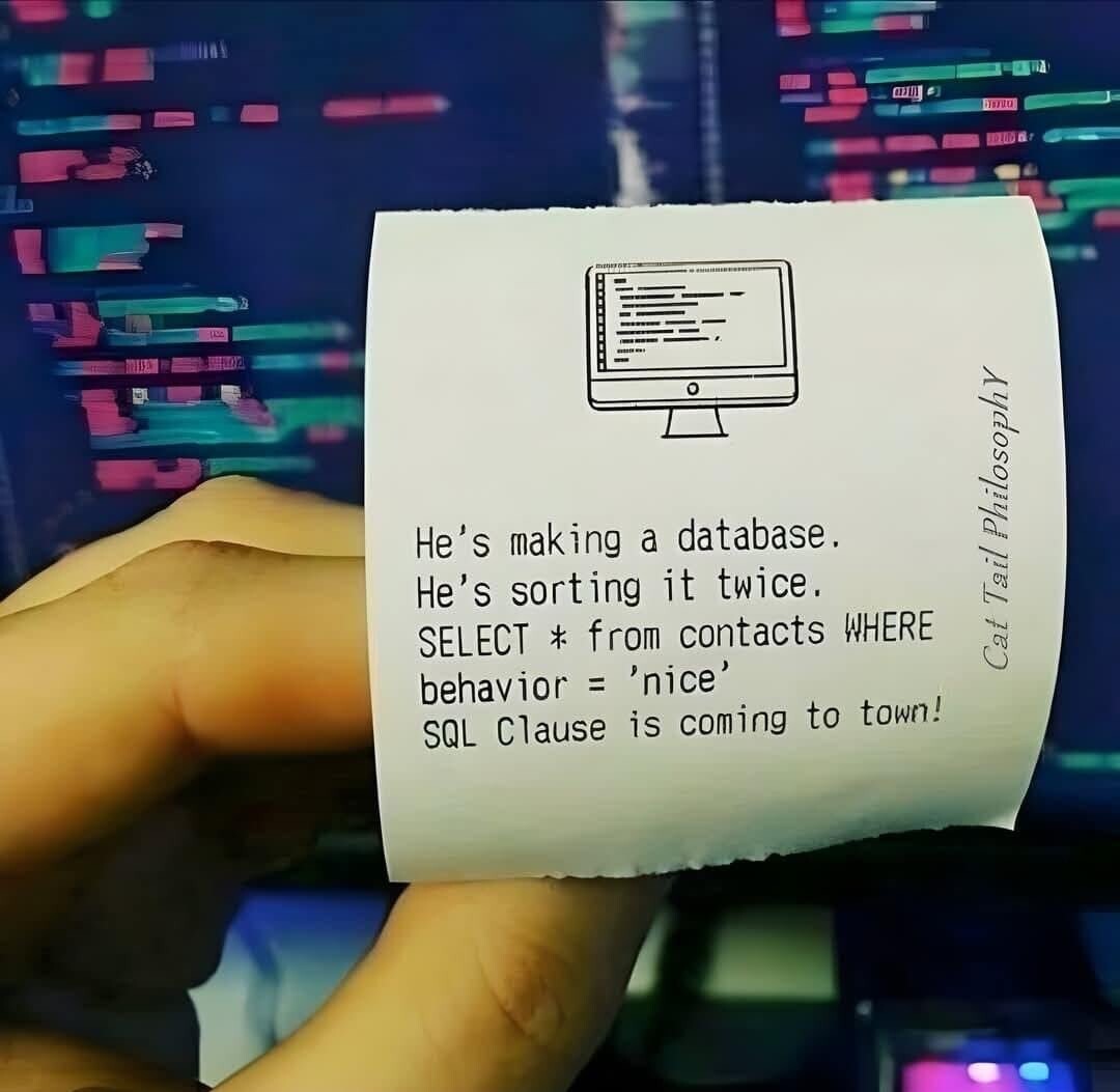 a hand is holding a thin paper that says "He's making a database, he's sorting it twice. SELECT * from contacts WHERE behavior = 'nice' SQL Clause is coming to town!" by Cat Tail Philosophy