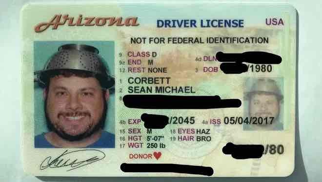 arizona man wearing collander in driver license photo
