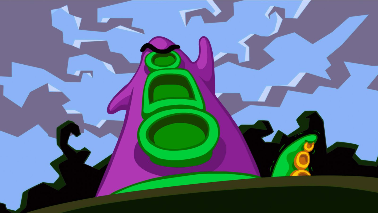 Day of the Tentacle PC game cutscene screenshot with purple tentacle raising fist looking angry and green cowering in the background