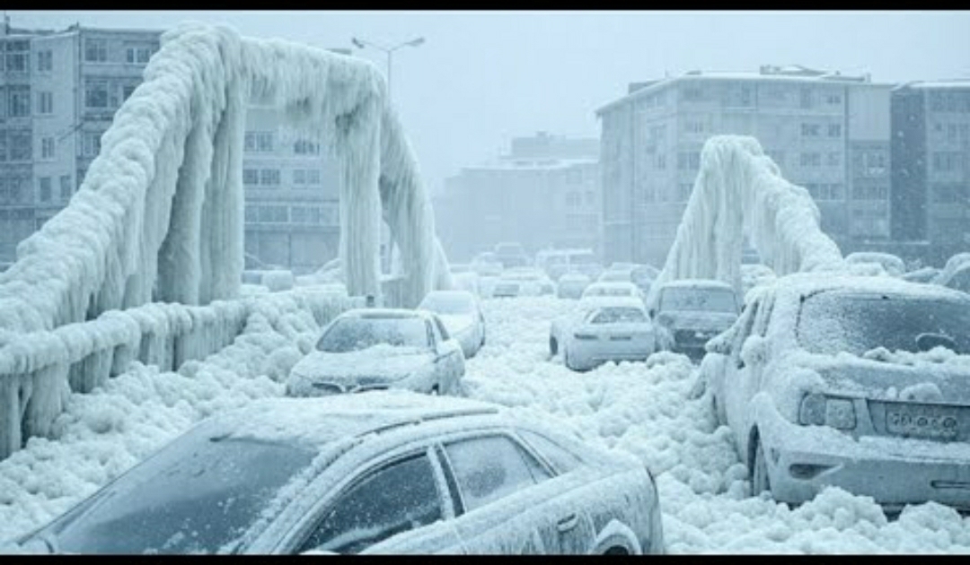 Ice covered bridge with cars frozen in place