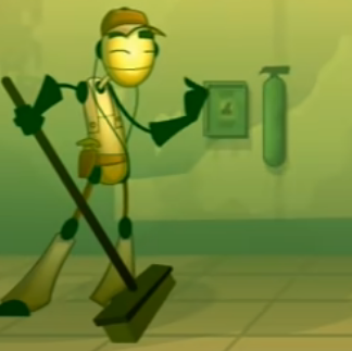 a robot janitor drawn in a paper cutout flash animation style, enjoying music while they are brushing the floor