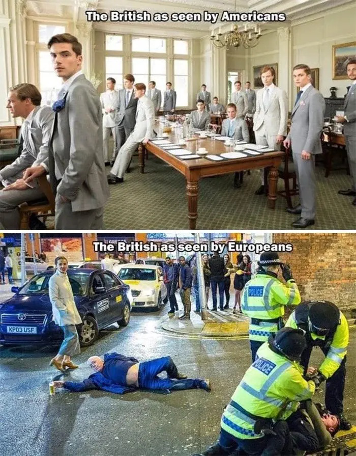 Brits as seen by Americans: suited posh boys. As seen by Europeans: drunks fighting cops
