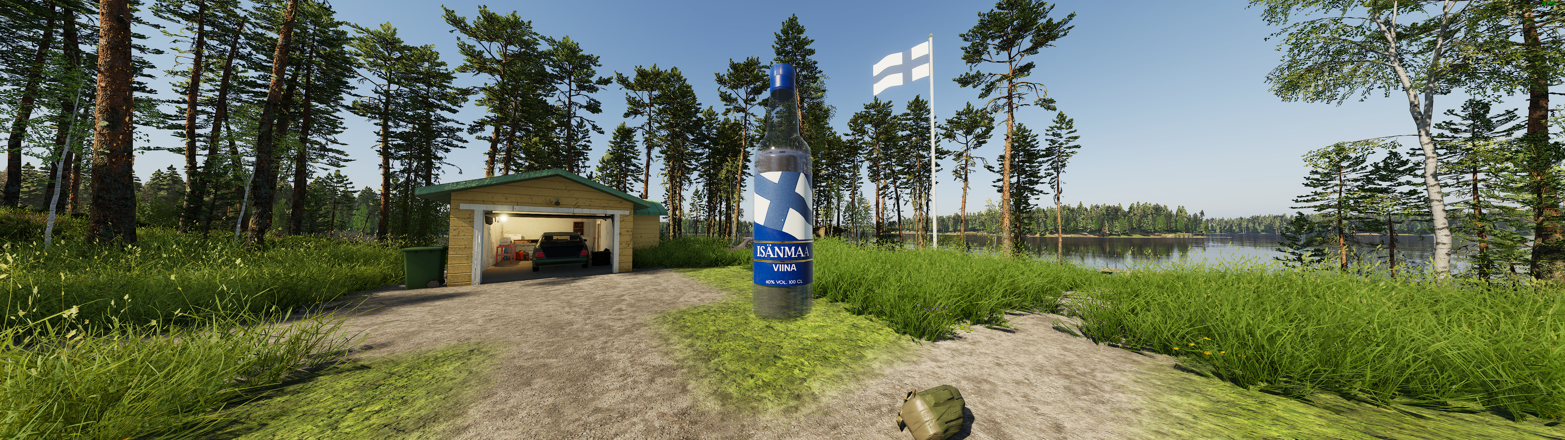 Finnish Cottage Simulator update on Finnish independence day added Isänmaa Viina and Finnish flags flying.