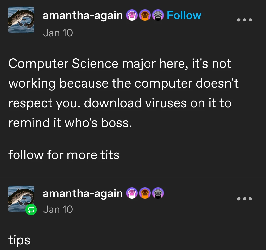 amantha-again posts:

Computer Science major here, it's not working because the computer doesn't respect you. download viruses on it to remind it who's boss. 

follow for more tits

amantha-again replies:  
tips