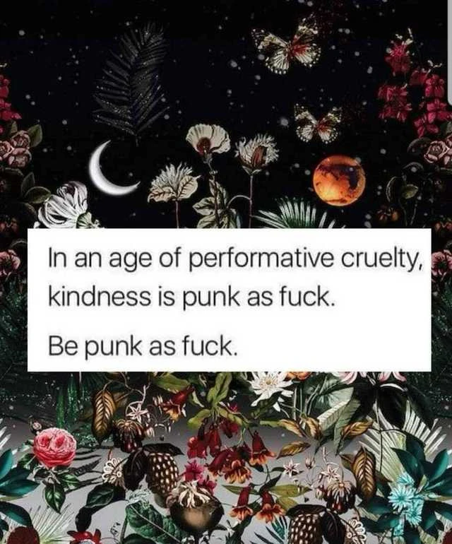 A still life painting of plants and butterflies at night, with a crescent moon in the background. 

Text over it reads: “In an age of performative cruelty, kindness is punk as fuck.

Be punk as fuck.”