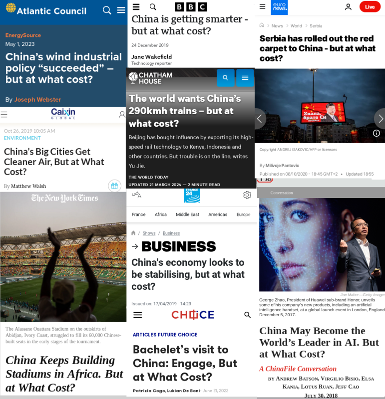 screenshots of many headlines about China which all end with "But at What Cost?"