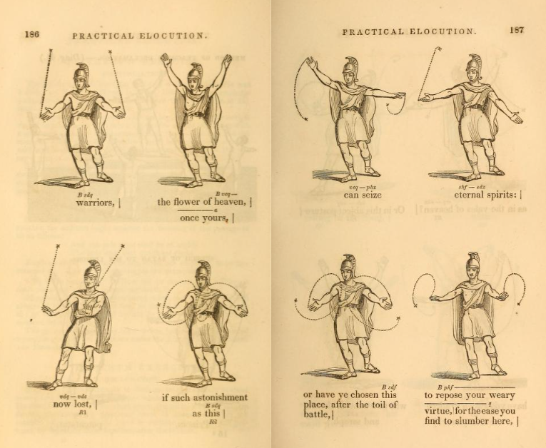 Two pages of a book titled PRACTICAL ELOCUTION showing 8 drawings of a soldier dressed in what looks like ancient Roman robe with a helmet.

Each illustration is accompanied by a portion of a speech given by Satan in the book and arrows and lines explaining the hand movements and gestures.