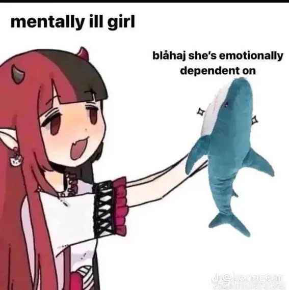 anime girl with red and black hair holding a blahaj plushie, text "mentally ill girl and the blahaj he is emotionally dependent on"