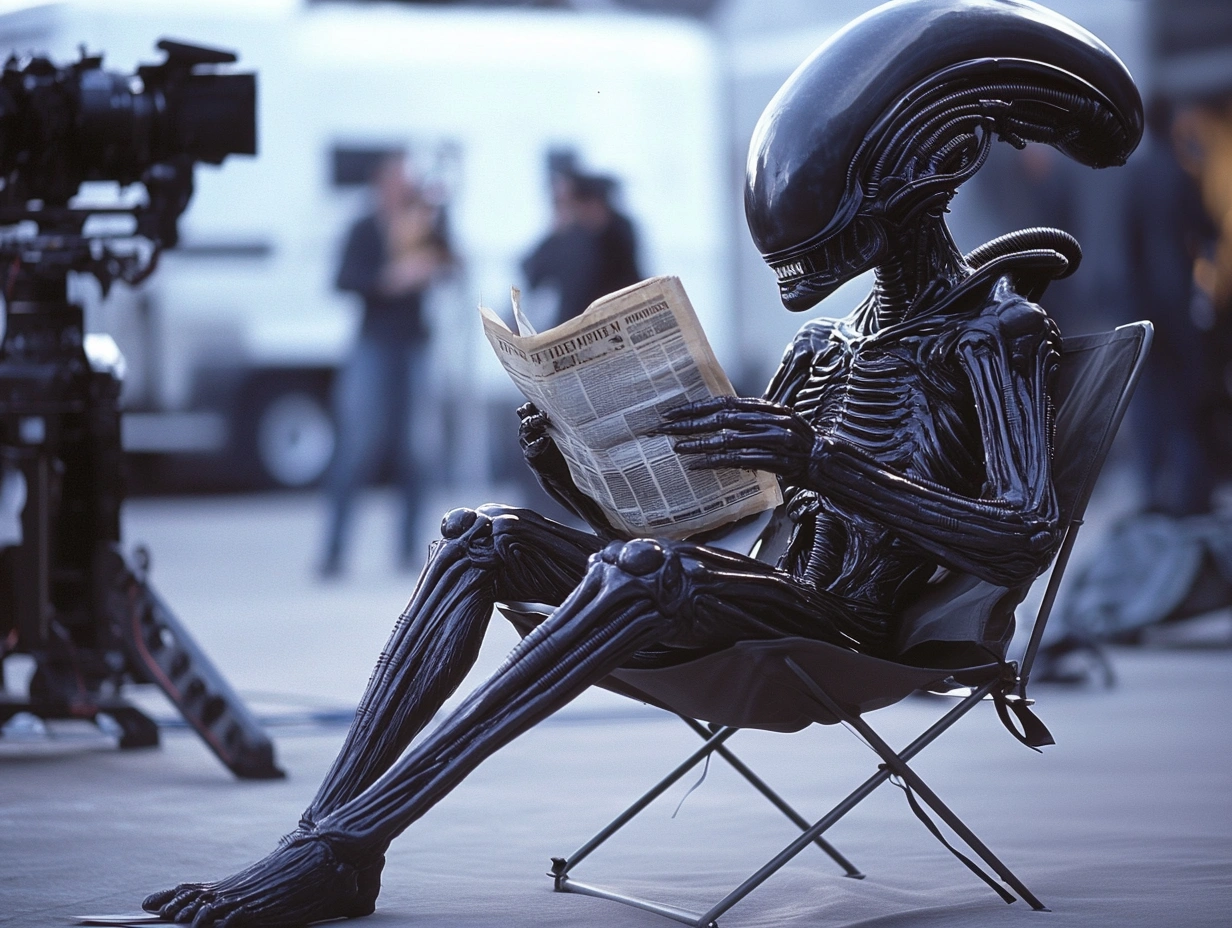 A xenomorph sitting a foldable chair while reading the newspaper. The scene takes place on a movie set. 