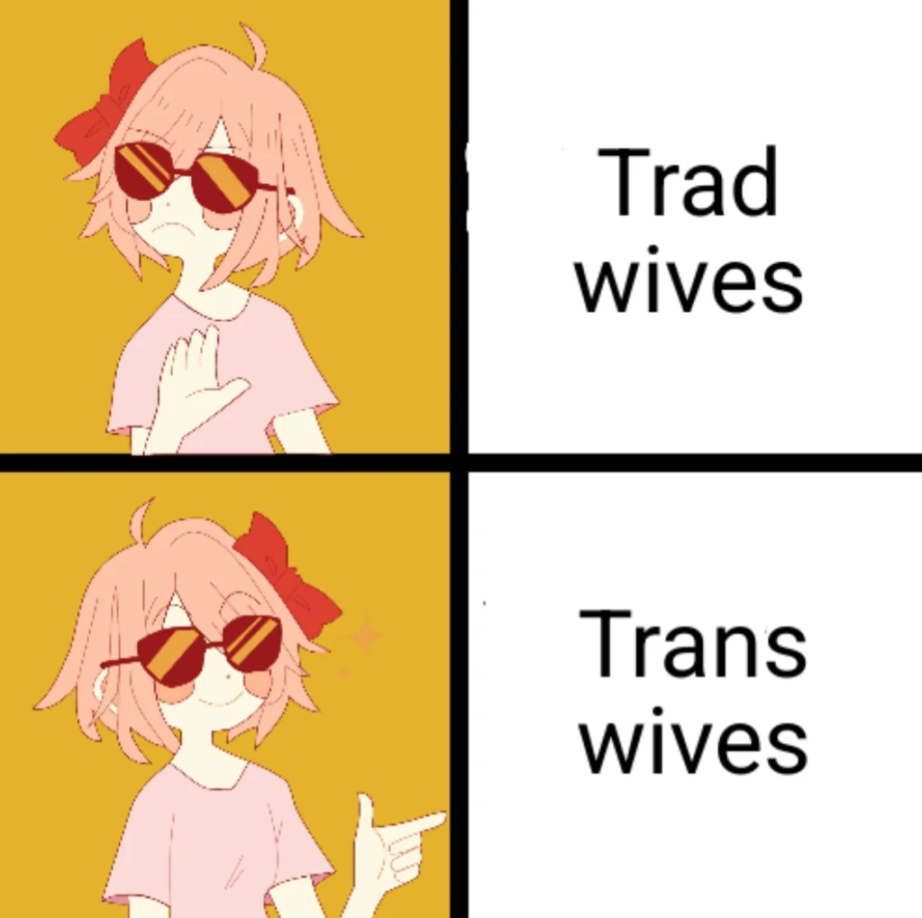 Panel 1: Person turning their head away, frowning, and hand-waving away the phrase "Trad wives." / Panel 2: Person smiling, acknowledging, and pointing with a thumbs up at the phrase "Trans wives."