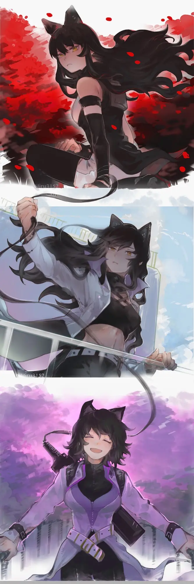 Art showing Blake in all three of her designs with her ribbon connecting all three. In the first two she has a sullen expression, while the third she's happy.