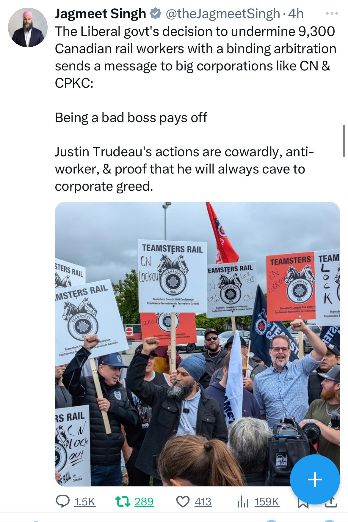 Canada sends rail workers to binding arbitration - "Justin Trudeau's actions are cowardly, anti-worker, & proof that he will always cave to corporate greed."