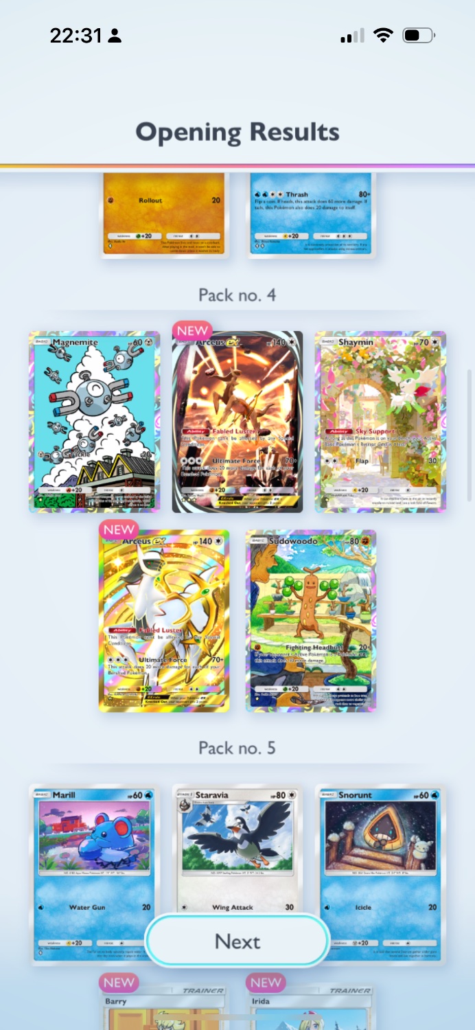 Pokémon Pocket TCG pull consisting of Arceus EX, Arceus Ex (crown), and shiny Magnemite, Shaymin, and Sudowoodo.