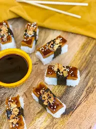 Super delicious tofu nigiri with garlic soy sauce