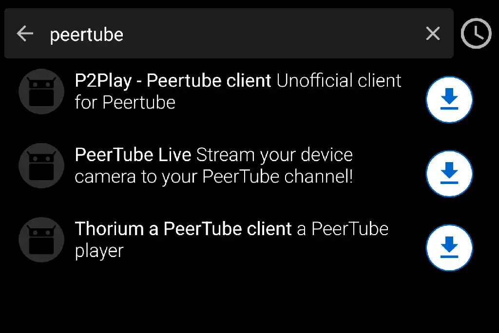 screenshot of f-droid with three peertube results