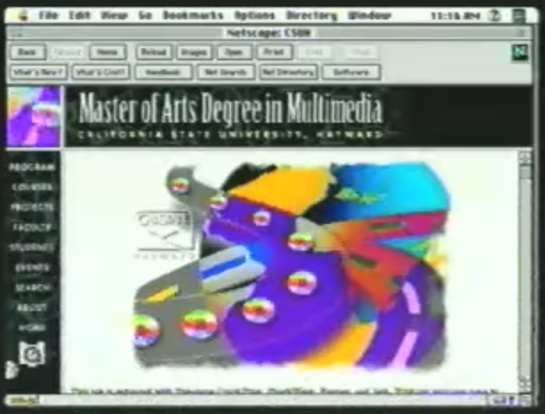 Low-fidelity screenshot from a 1998 iMac showing Netscape: "Master of Arts Degree in Multimedia, California State University, Hayward"