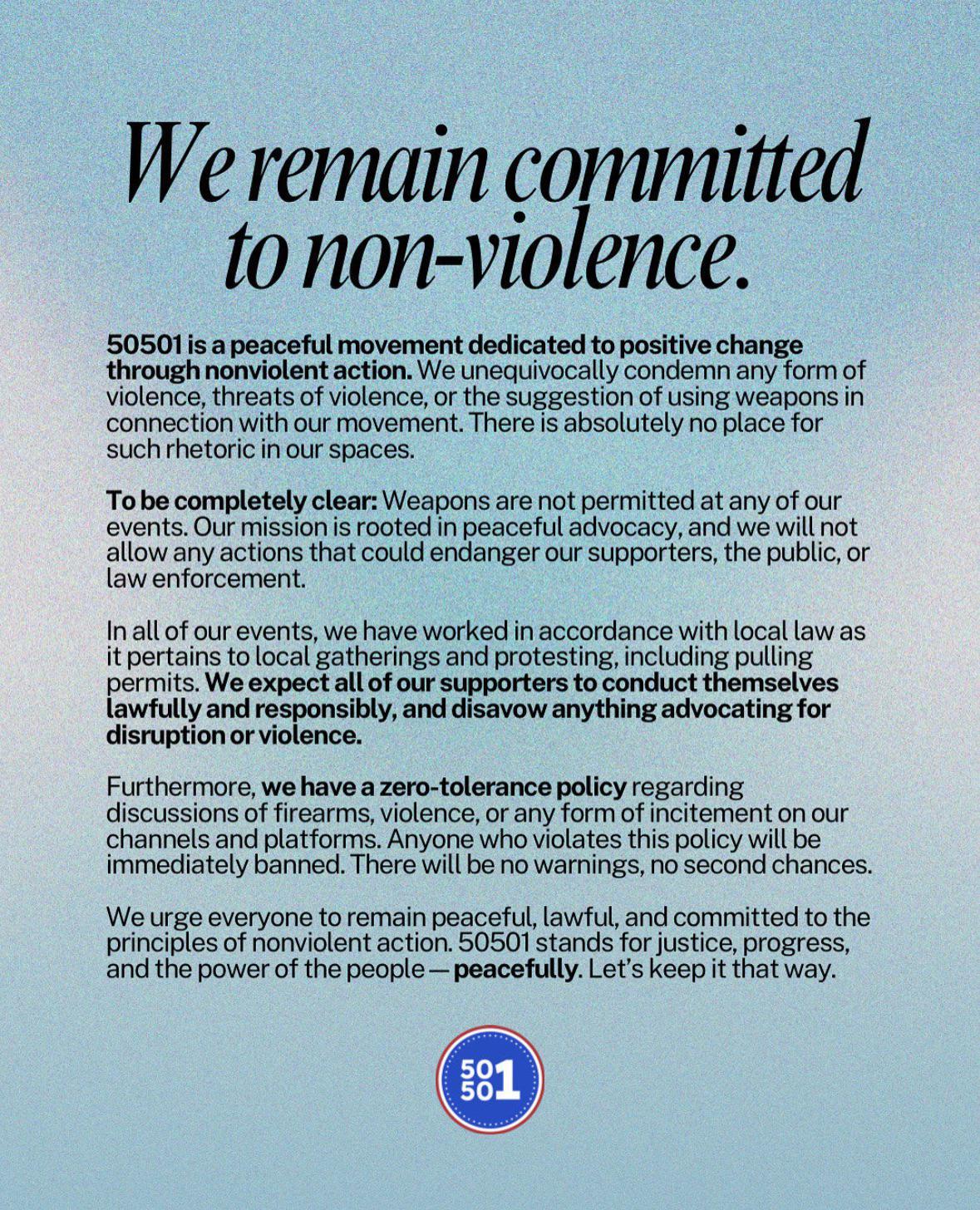 A press release stating the 50501 movement's committment to nonviolence