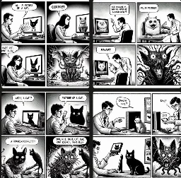 Prompt: Comic strip about AI image generation. [Bing]