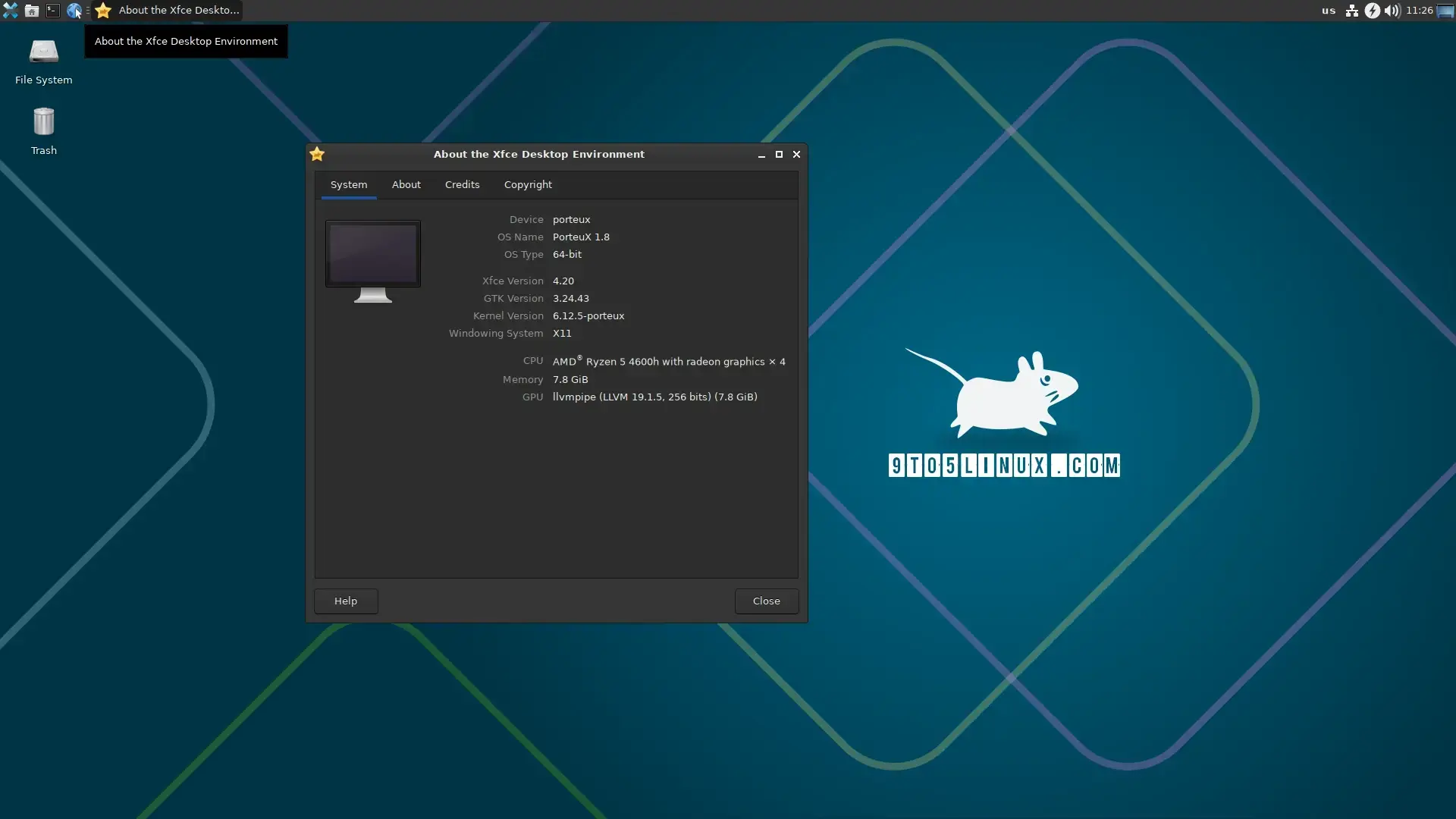 Screenshot of PorteuX 1.8 with the Xfce 4.20 desktop environment showing the About Xfce dialog.