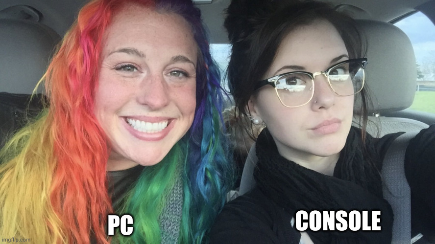 meme image: rainbow hair girl PC; black hair girl Console