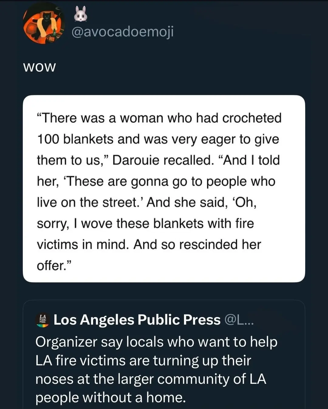 quote reply: "there was a woman who had  crocheted 100 blankets and was very eager to give them to us", Darouie recalled. "And I told her, 'there are going to go to people who live on the street.' And she said 'oh I wove these blankets with fire victims in mind.' And so she rescinded her offer"

original post by Los Angeles Public Press: organisers say locals who want to help LA fire victims are turning up their noses at the larger community of LA people without a home