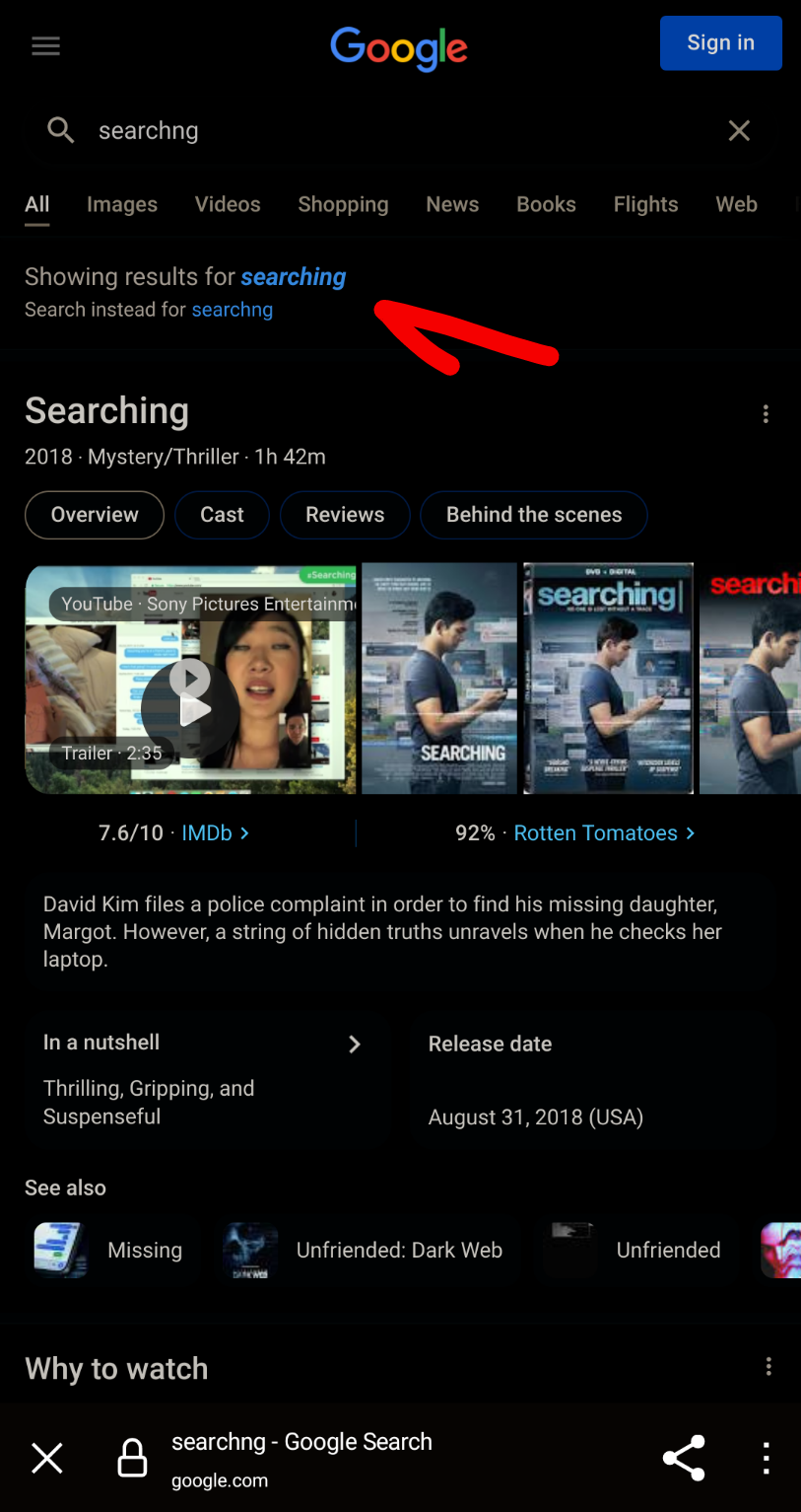 Screenahot showing the problem searching for "searchng" but getting results for "searching"