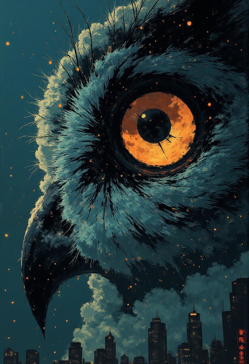 An enormous owl's face with a vivid orange eye looms over a city. The owl's feathers are rendered in shades of blue and black, giving a sense of depth and texture. In the foreground, there is a cityscape with tall buildings silhouetted against a dark, cloudy sky. The scene is filled with small, glowing specks that resemble fireflies, adding to the mystical and surreal quality to the image. 