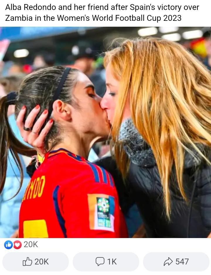 A picture of two women kissing captioned with "Alba Redondo and her friend after Spain's victory over Zambia in the Women's World Football Cup 2023" 